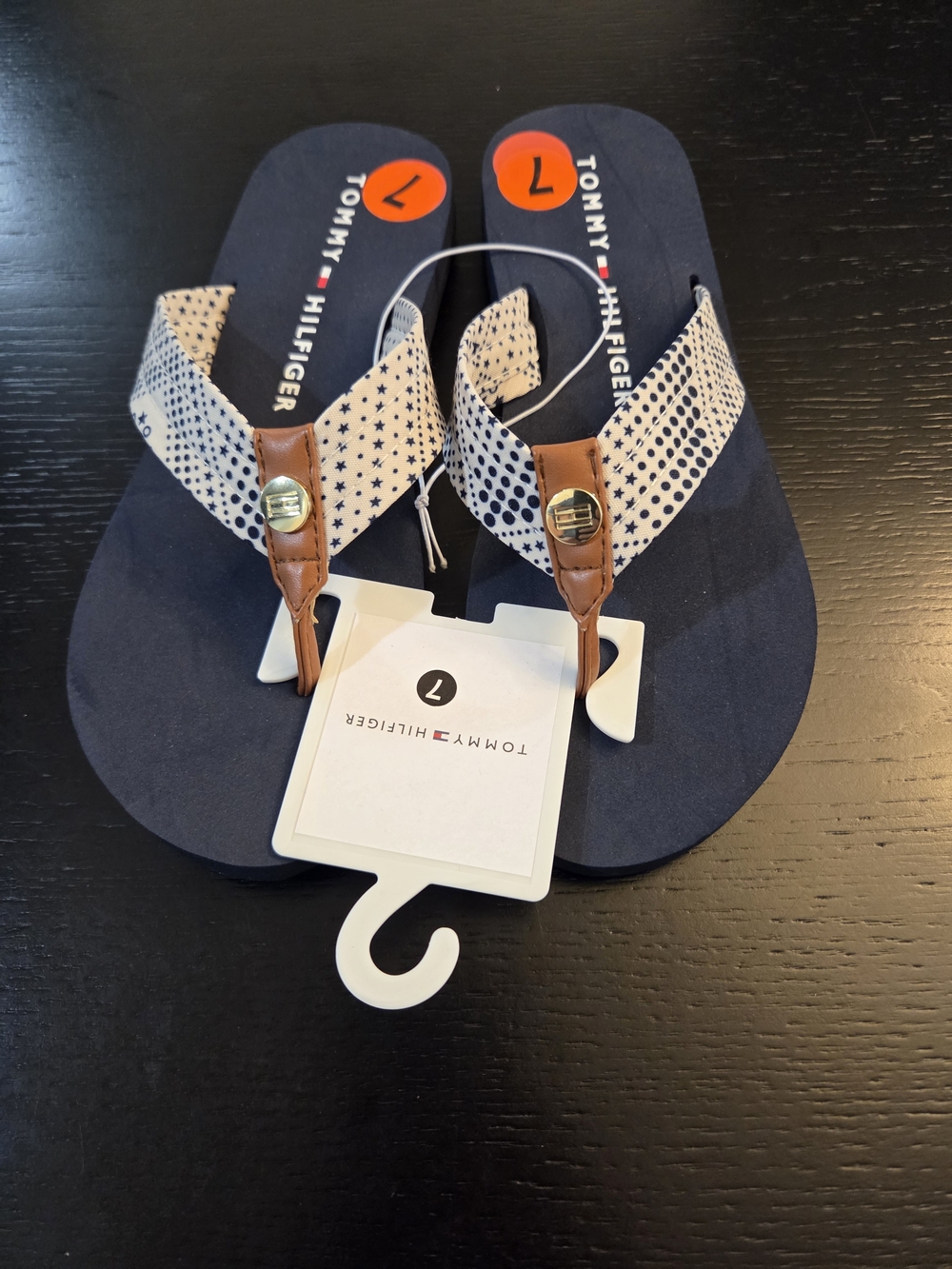 Tommy Hilfiger Navy Flip Flop Sandals with Patterned Fabric Straps